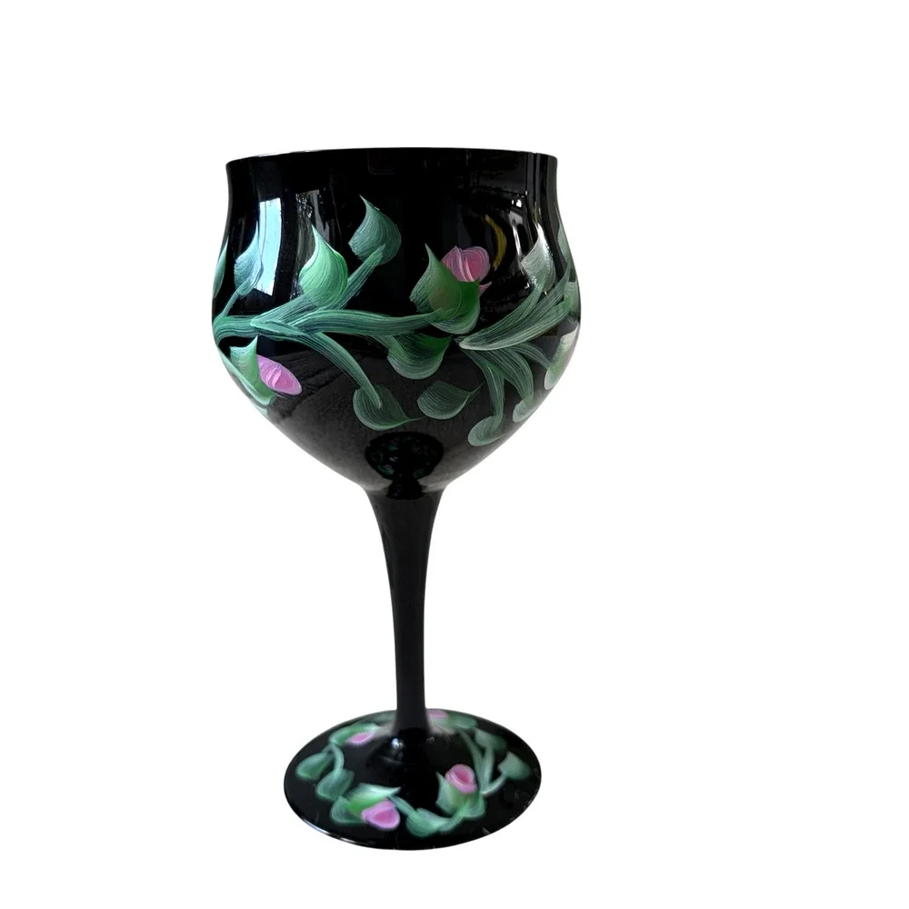 Vintage Hand Painted Floral Black Wine Goblets Set of 2 Chic Barware